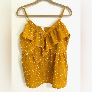L LOVE Women’s Marigold Yellow Ruffle Polka Dot Babydoll Tank Preppy‎ Size L